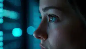 Gros plan sur l'œil d'une développeuse en laboratoire, illustrant la technique avec les yeux et l'eye-tracking
