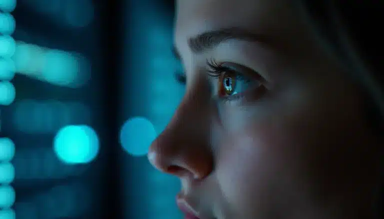 Gros plan sur l'œil d'une développeuse en laboratoire, illustrant la technique avec les yeux et l'eye-tracking