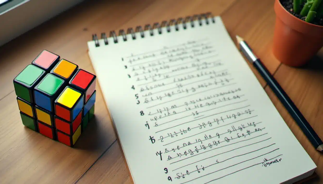 Vue du dessus d'un Rubik's Cube résolu posé à côté d'un carnet avec des algorithmes de notation Singmaster manuscrits