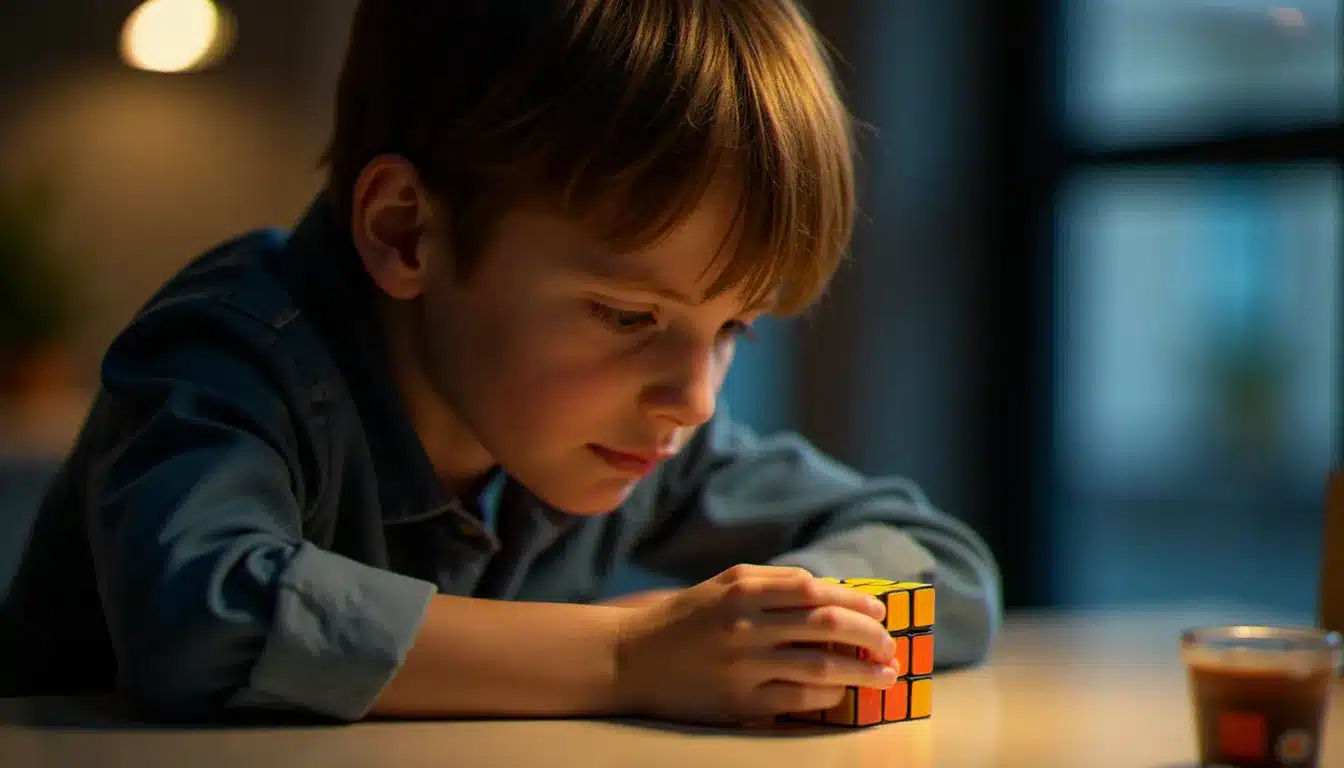Jeune personne concentrée en train de tourner la face jaune d'un Rubik's Cube lors de la dernière étape de résolution