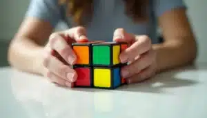 Deux mains tenant un Rubik's Cube coloré en cours de résolution, illustrant la technique comment résoudre un Rubik's Cube
