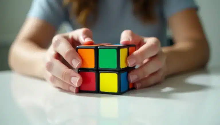 Deux mains tenant un Rubik's Cube coloré en cours de résolution, illustrant la technique comment résoudre un Rubik's Cube