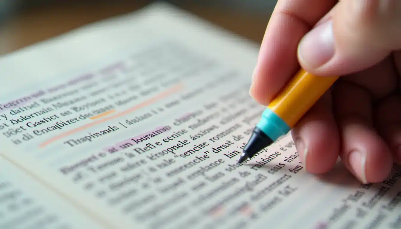 Gros plan sur une main soulignant des passages clés d'un extrait littéraire lors de la phase d'annotation du commentaire de texte