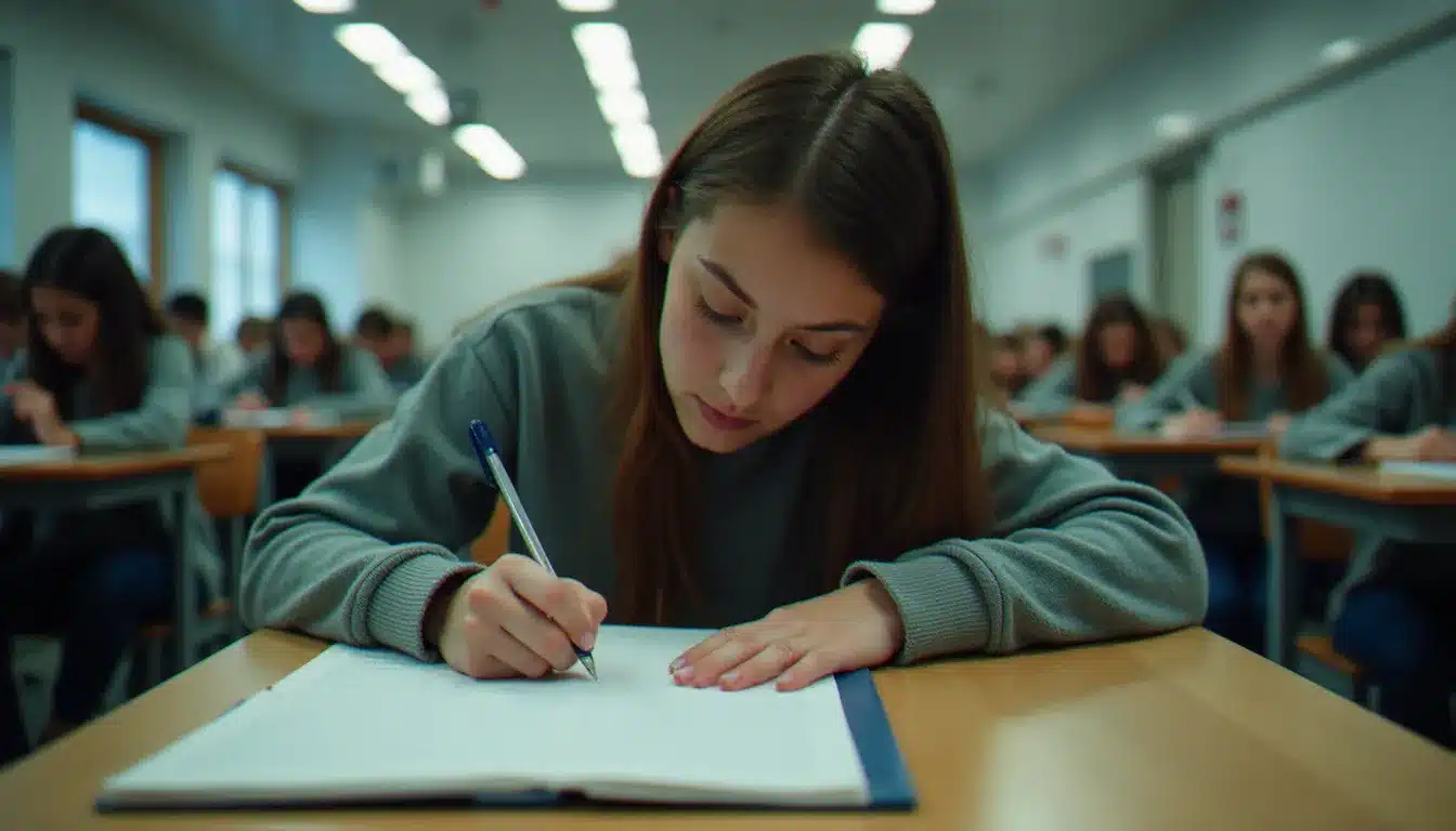 Élève rédigeant son commentaire de texte à la main dans une salle d'examen, en pleine concentration sur son introduction