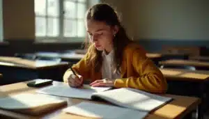 Lycéen annotant un texte littéraire à son bureau pour préparer la technique du commentaire de texte au bac français
