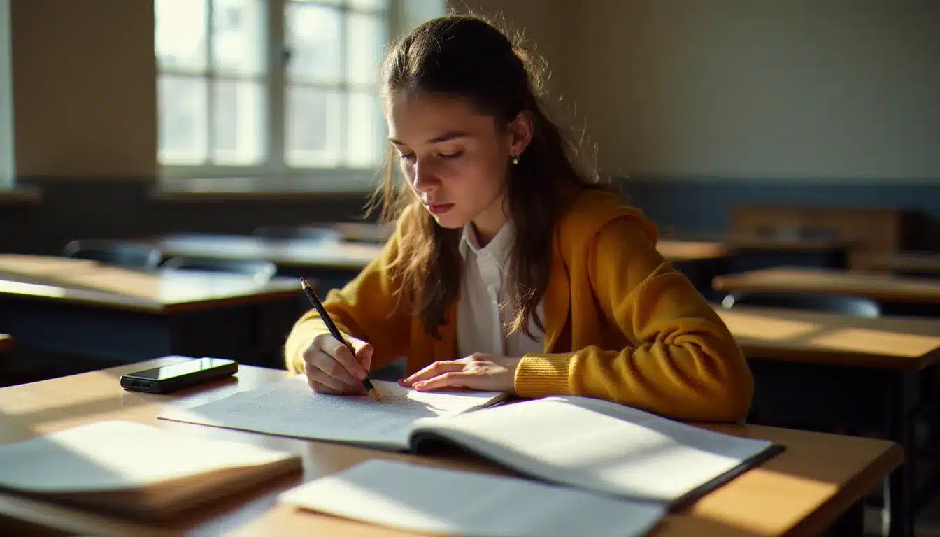 Lycéen annotant un texte littéraire à son bureau pour préparer la technique du commentaire de texte au bac français