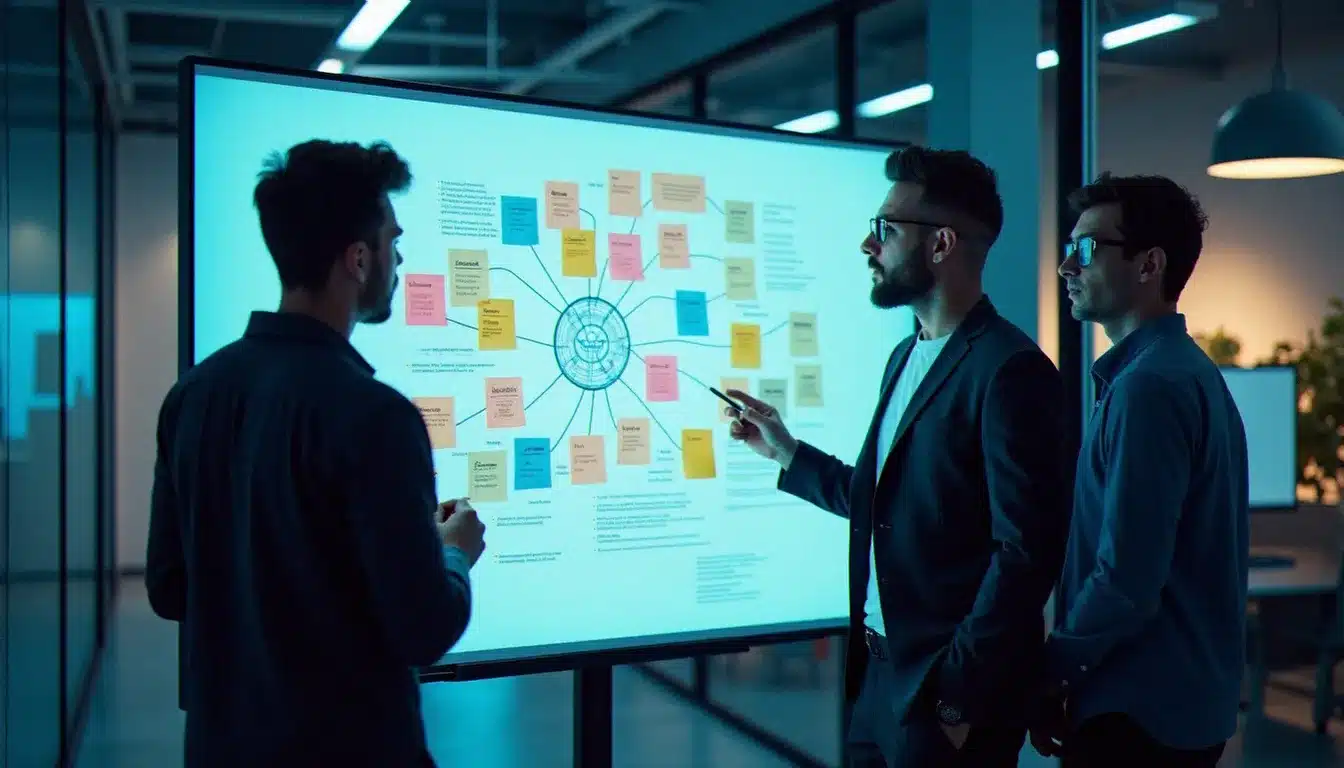Équipe debout devant un tableau numérique collaboratif affichant une carte mentale colorée avec des nœuds connectés, session d'analyse collective du brief lors d'un hackathon de data science à Paris