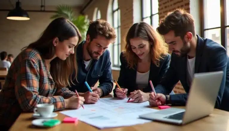 Équipe de hackathon appliquant la technique commentaire de texte sur un brief imprimé, avec surligneurs colorés et notes adhésives sur une grande table de travail moderne à Paris