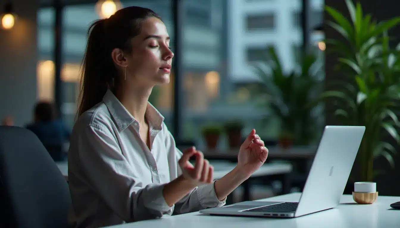 Femme professionnelle pratiquant un exercice de respiration à son bureau pour gérer une envie de fumer lors du sevrage tabagique