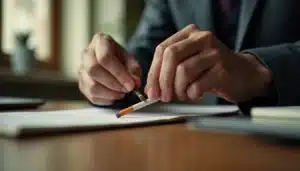 Mains brisant une cigarette en deux sur un bureau en bois, illustrant une technique efficace pour arrêter de fumer