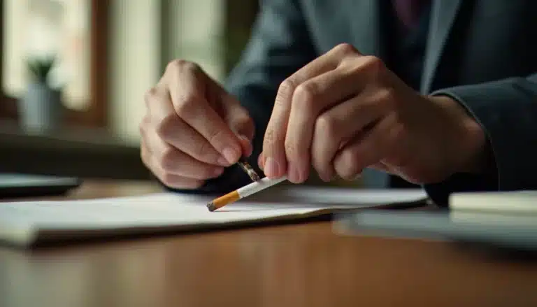 Mains brisant une cigarette en deux sur un bureau en bois, illustrant une technique efficace pour arrêter de fumer