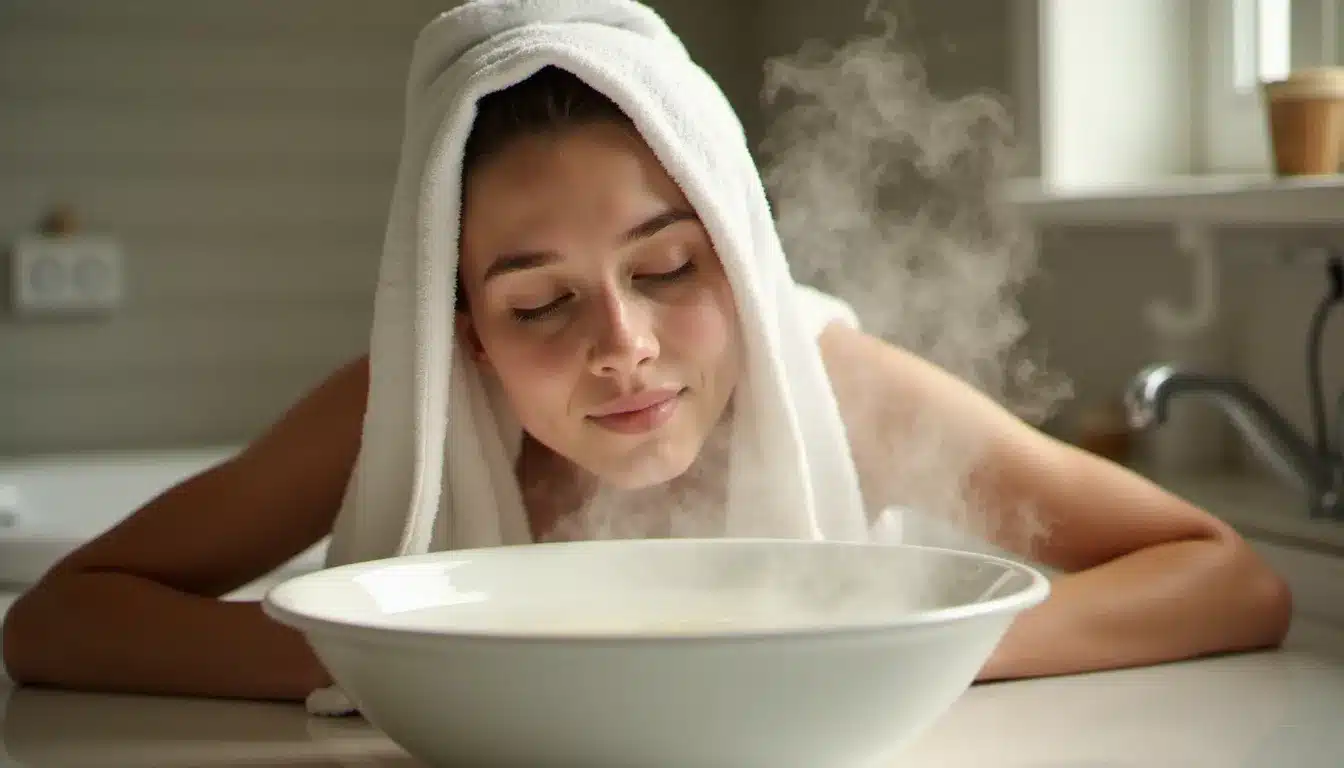 Personne pratiquant une inhalation de vapeur d'eau sur un bol fumant, recouverte d'une serviette blanche, méthode naturelle pour décongestionner le nez