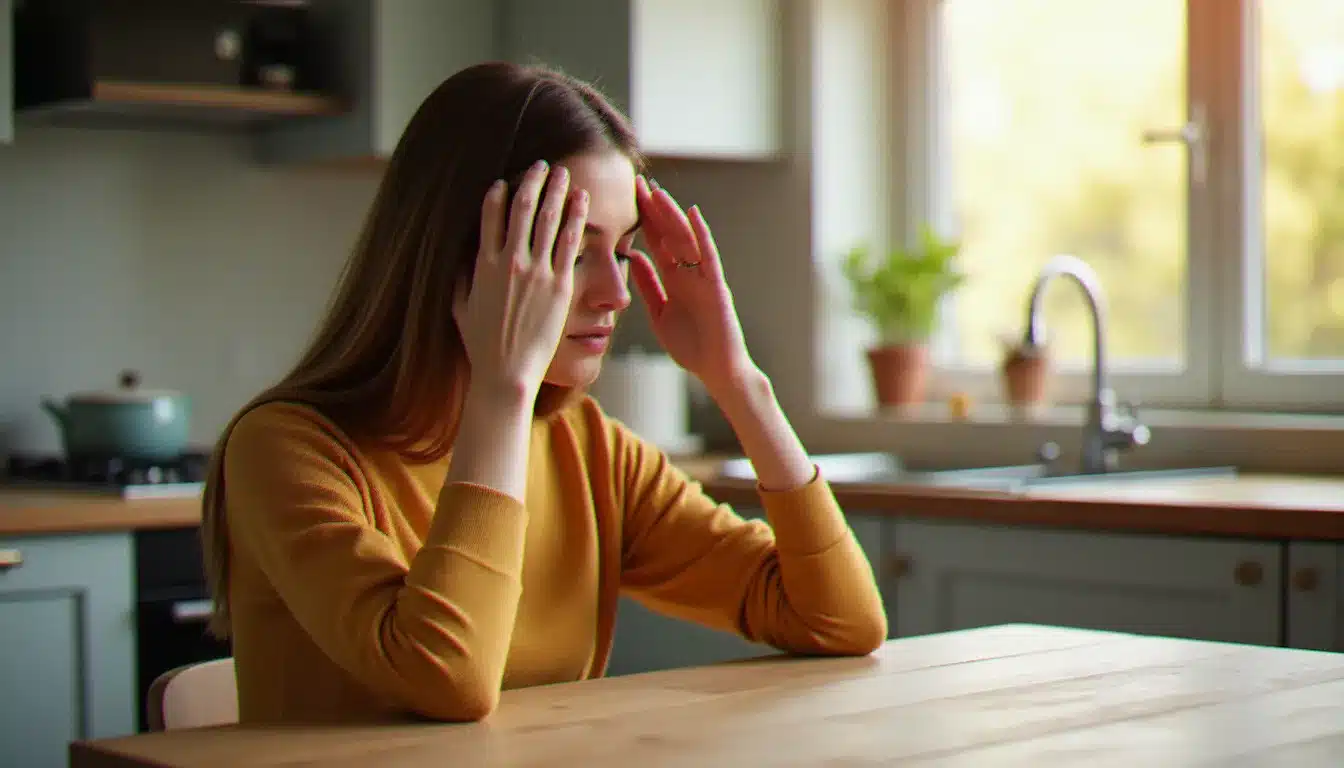 Jeune femme pratiquant une technique efficace pour déboucher le nez par acupression, assise à une table lumineuse, les yeux fermés et les doigts posés de chaque côté des narines