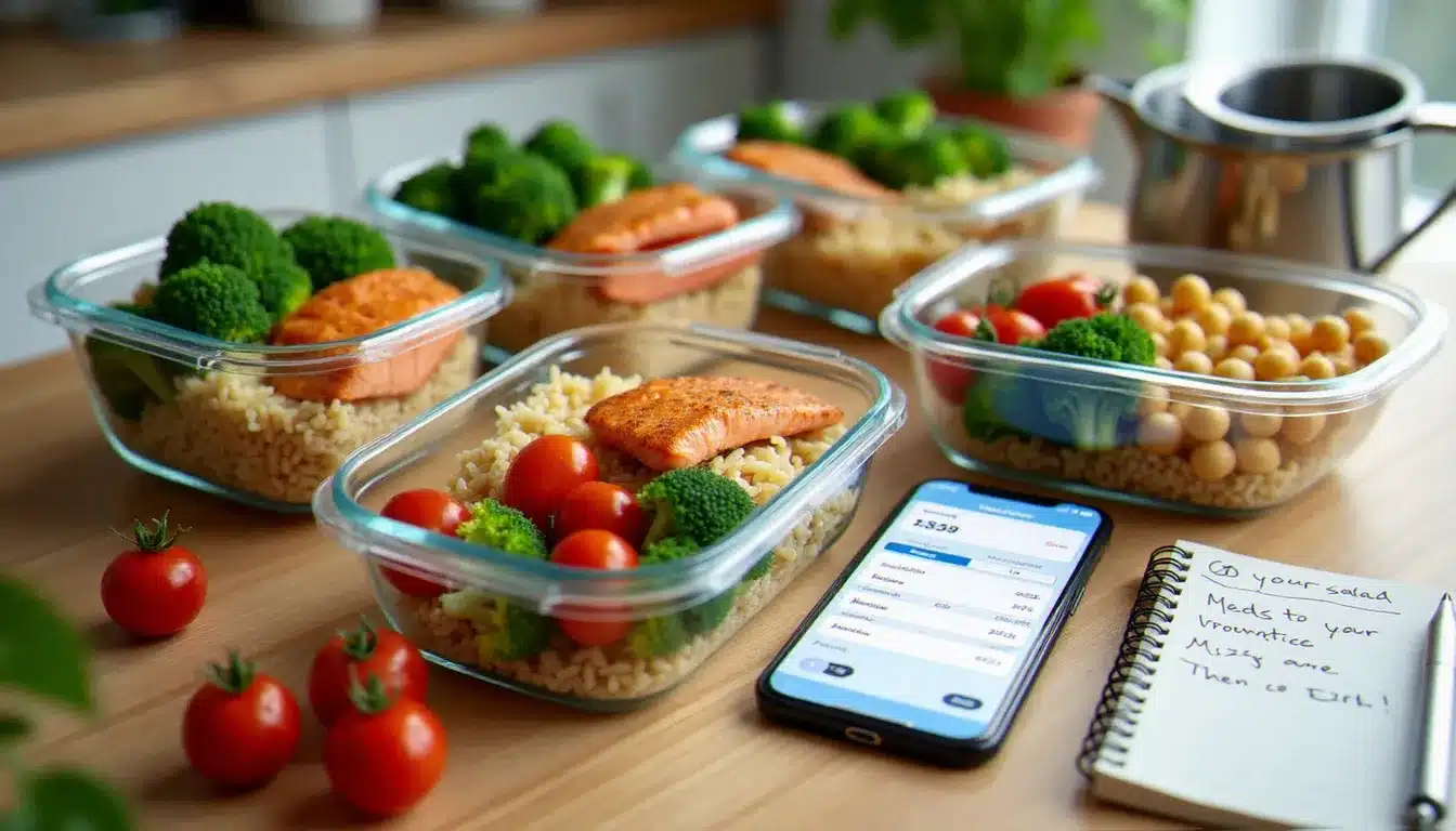 Préparation hebdomadaire de repas équilibrés en boîtes en verre avec suivi nutritionnel sur smartphone pour optimiser la perte de poids