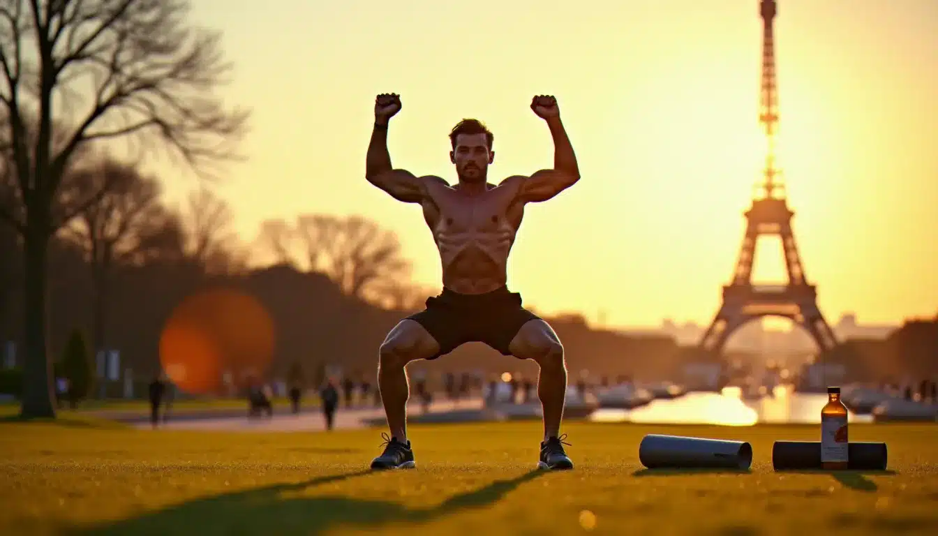 Séance de HIIT intense en plein air dans un parc parisien au lever du soleil avec la Tour Eiffel en arrière-plan flou, exercice cardio pour accélérer la perte de poids