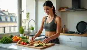 Femme préparant un repas équilibré avec des protéines et légumes colorés dans une cuisine parisienne lumineuse — technique efficace pour maigrir par l'alimentation saine