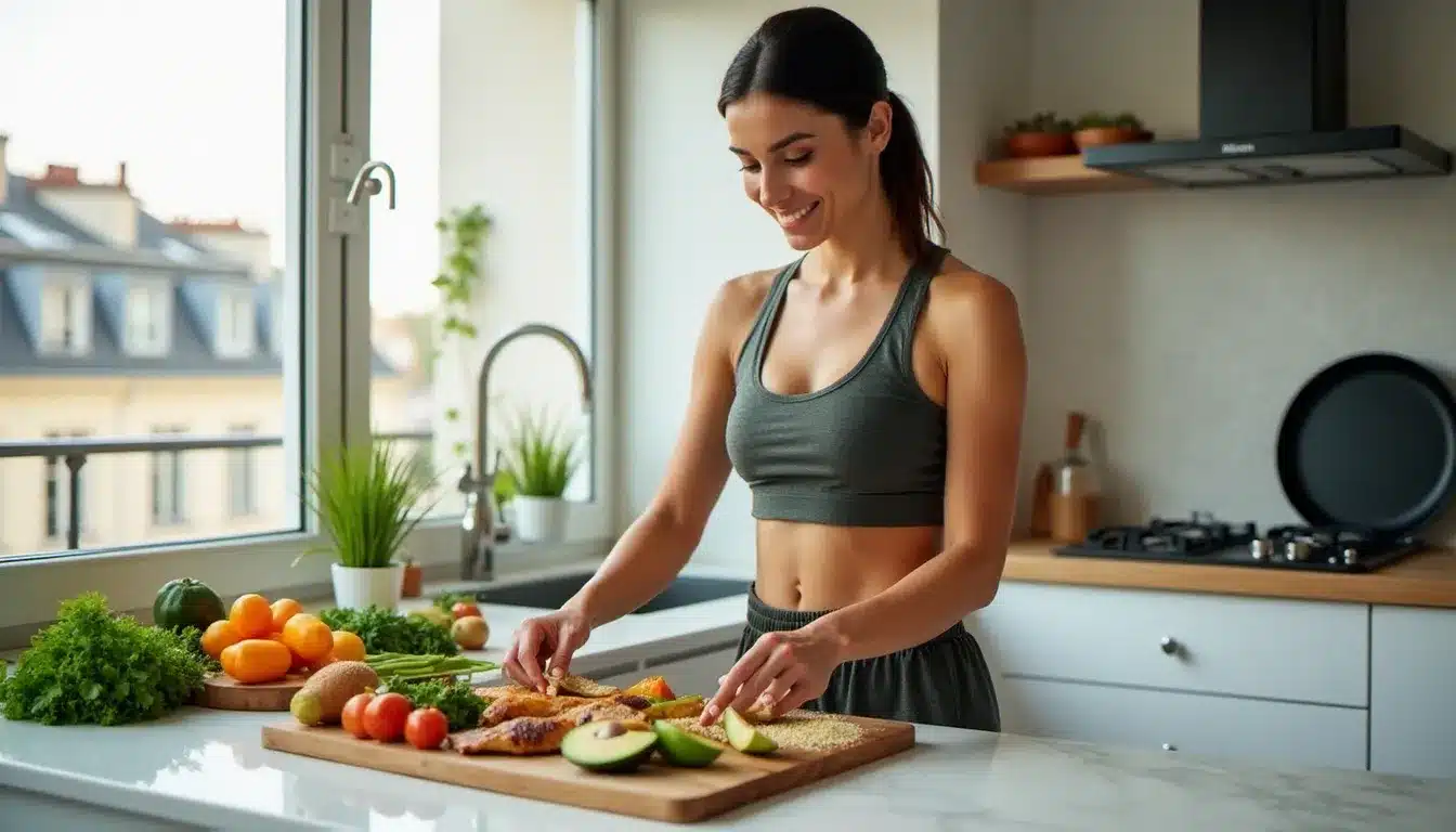 Femme préparant un repas équilibré avec des protéines et légumes colorés dans une cuisine parisienne lumineuse — technique efficace pour maigrir par l'alimentation saine