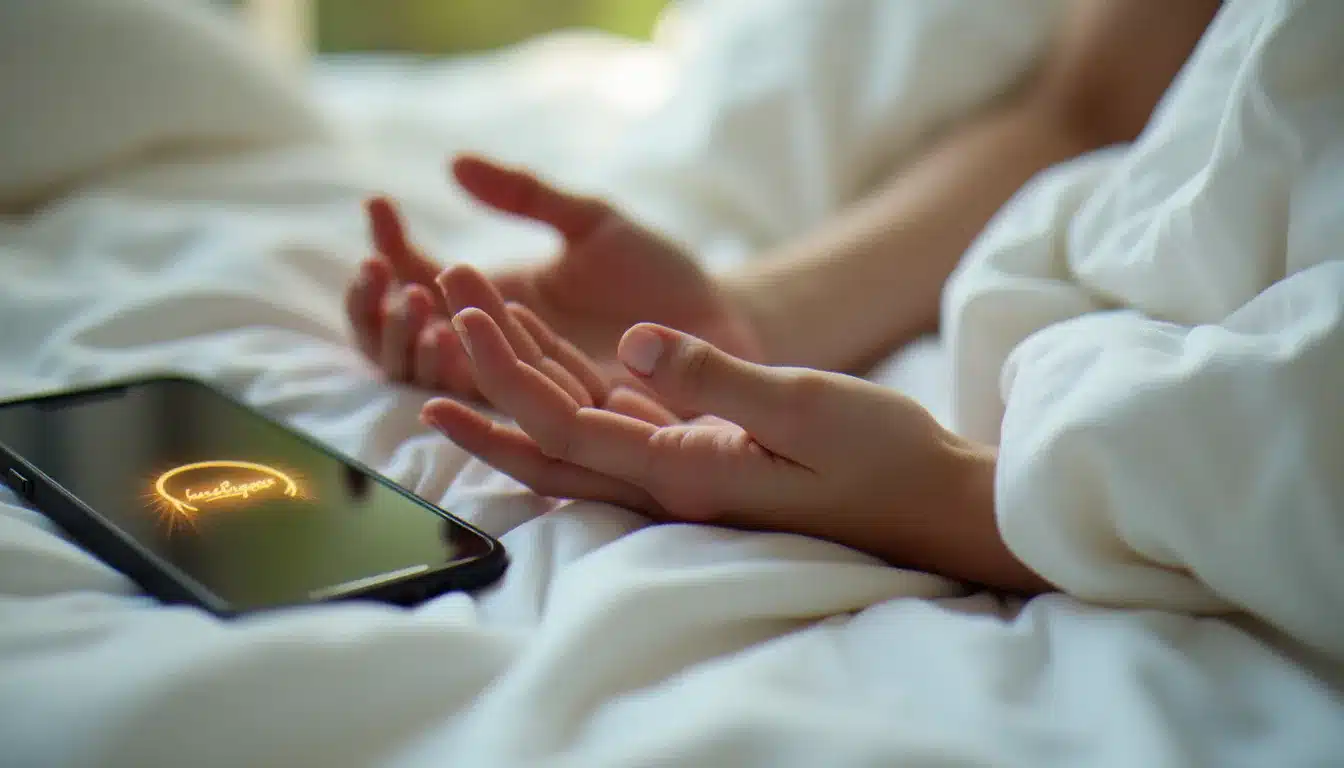 Mains ouvertes et relâchées sur des draps blancs avec un smartphone affichant une animation de cohérence cardiaque, illustrant une technique de respiration guidée pour s'endormir rapidement.
