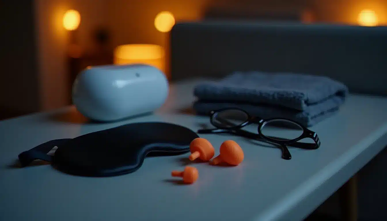 Kit de sommeil portable pour hackathon comprenant masque de nuit, bouchons d'oreilles, mini-couverture lestée, appareil à bruit blanc et lunettes anti-lumière bleue, disposés sur une surface grise dans un espace de coworking nocturne.
