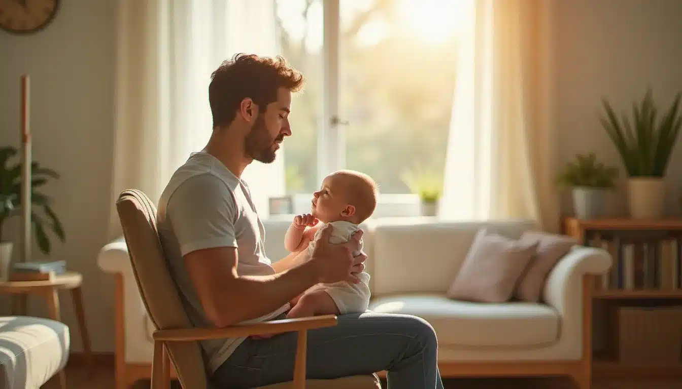 Père utilisant la position assis sur les genoux pour aider son bébé à roter, une main soutenant la tête et l'autre tapotant le dos en douceur