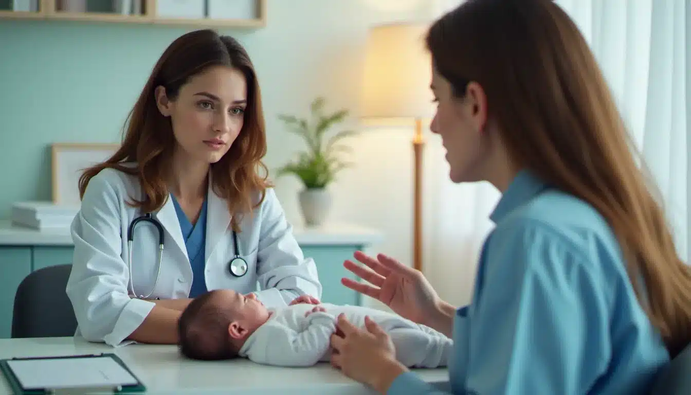Consultation pédiatrique où une mère et une pédiatre discutent des signes indiquant qu'un bébé a besoin de roter et des situations nécessitant un avis médical