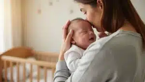 Mère appliquant une technique efficace rot bébé en tenant son nourrisson à la verticale sur son épaule et tapotant doucement son dos