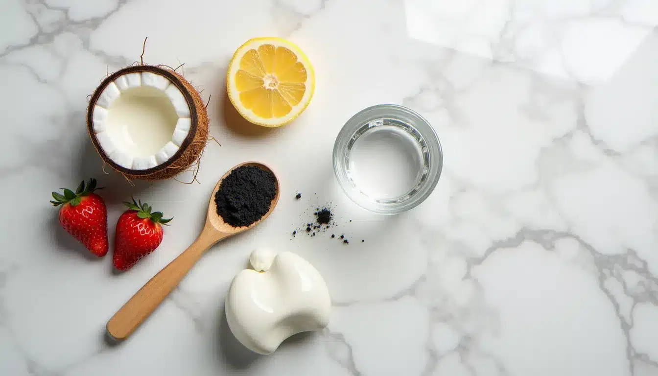 Vue de dessus des ingrédients naturels utilisés pour blanchir les dents : huile de coco, charbon actif, fraises et eau disposés sur marbre blanc