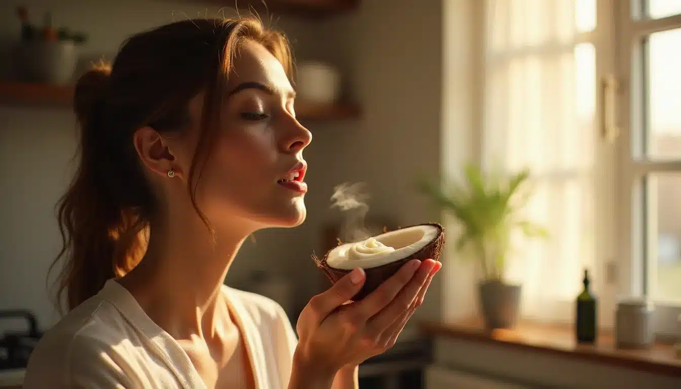 Femme pratiquant l'oil pulling avec de l'huile de coco le matin dans une cuisine épurée, lumière naturelle du lever de soleil