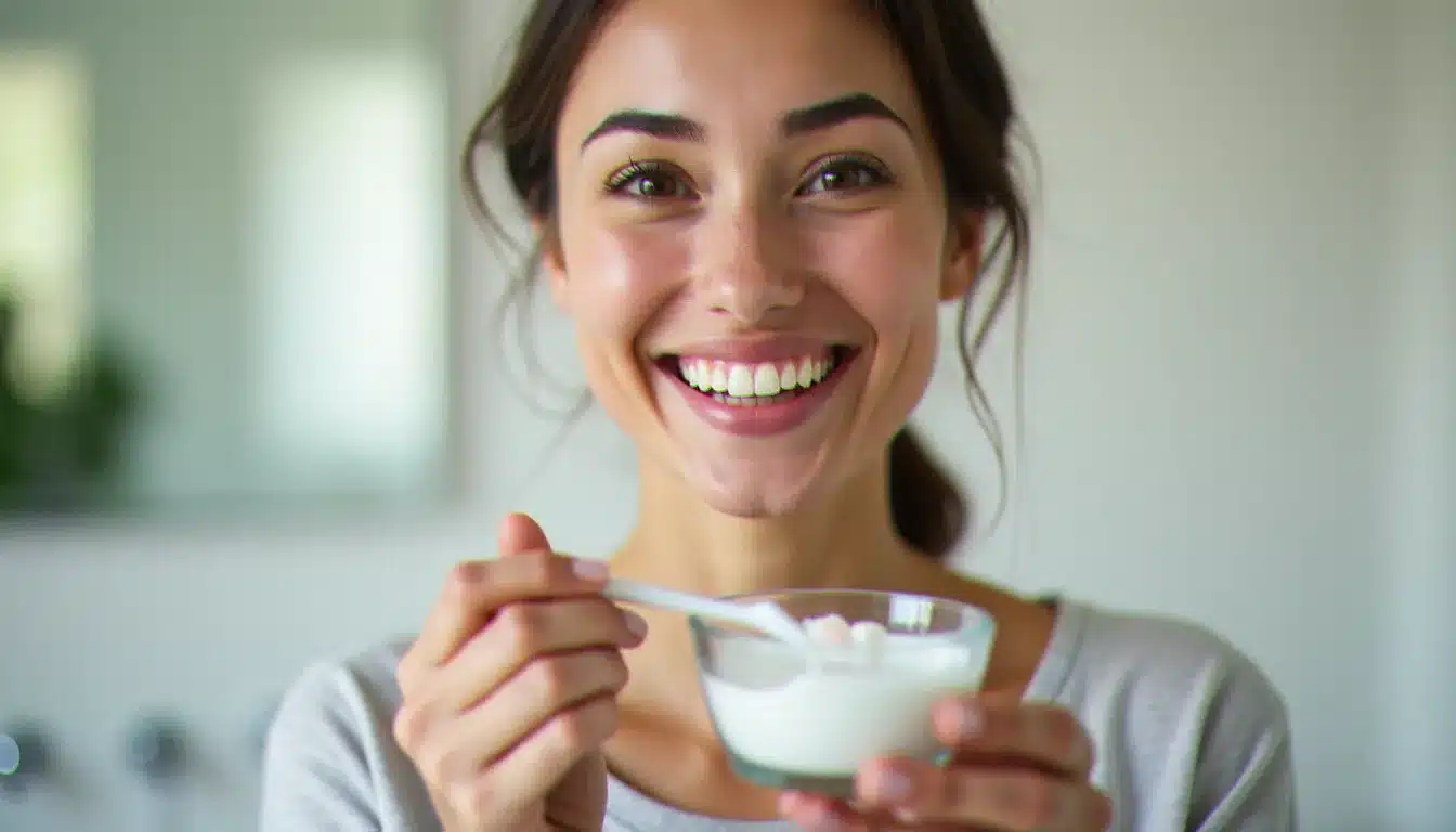 Femme souriante tenant un bol de bicarbonate de soude et une brosse à dents, illustrant une technique naturelle pour blanchir les dents dans une salle de bain lumineuse