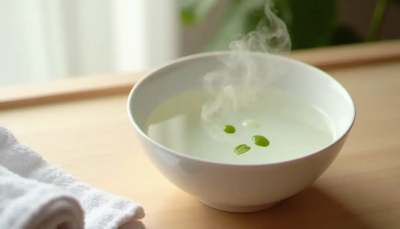 Bol d'eau chaude fumante avec de l'huile essentielle d'eucalyptus pour une inhalation de vapeur, technique naturelle pour déboucher le nez à domicile