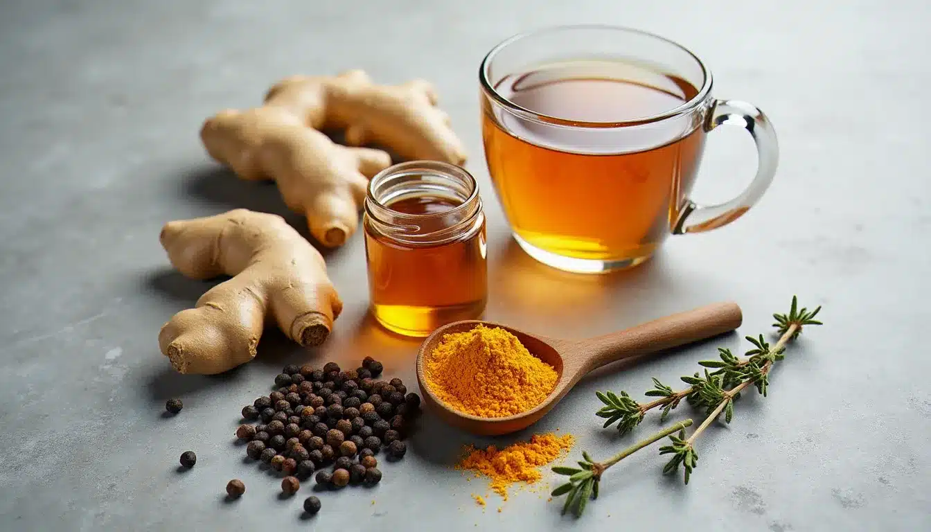 Ingrédients naturels décongestionnants — gingembre frais, curcuma, poivre noir et miel de thym — pour préparer une infusion anti-congestion nasale