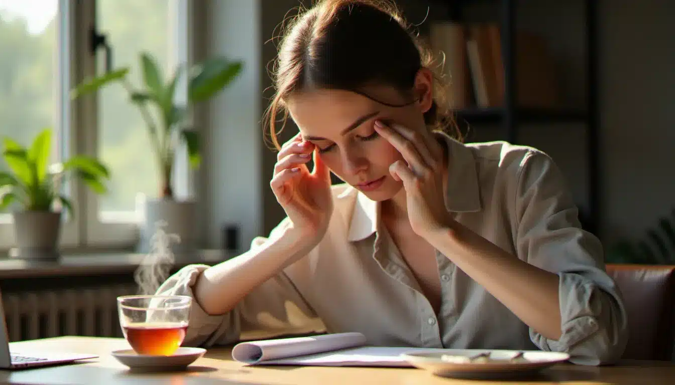 Jeune femme appliquant une technique naturelle pour déboucher le nez par pression des points d'acupression, assise à son bureau avec une tasse de tisane fumante en arrière-plan