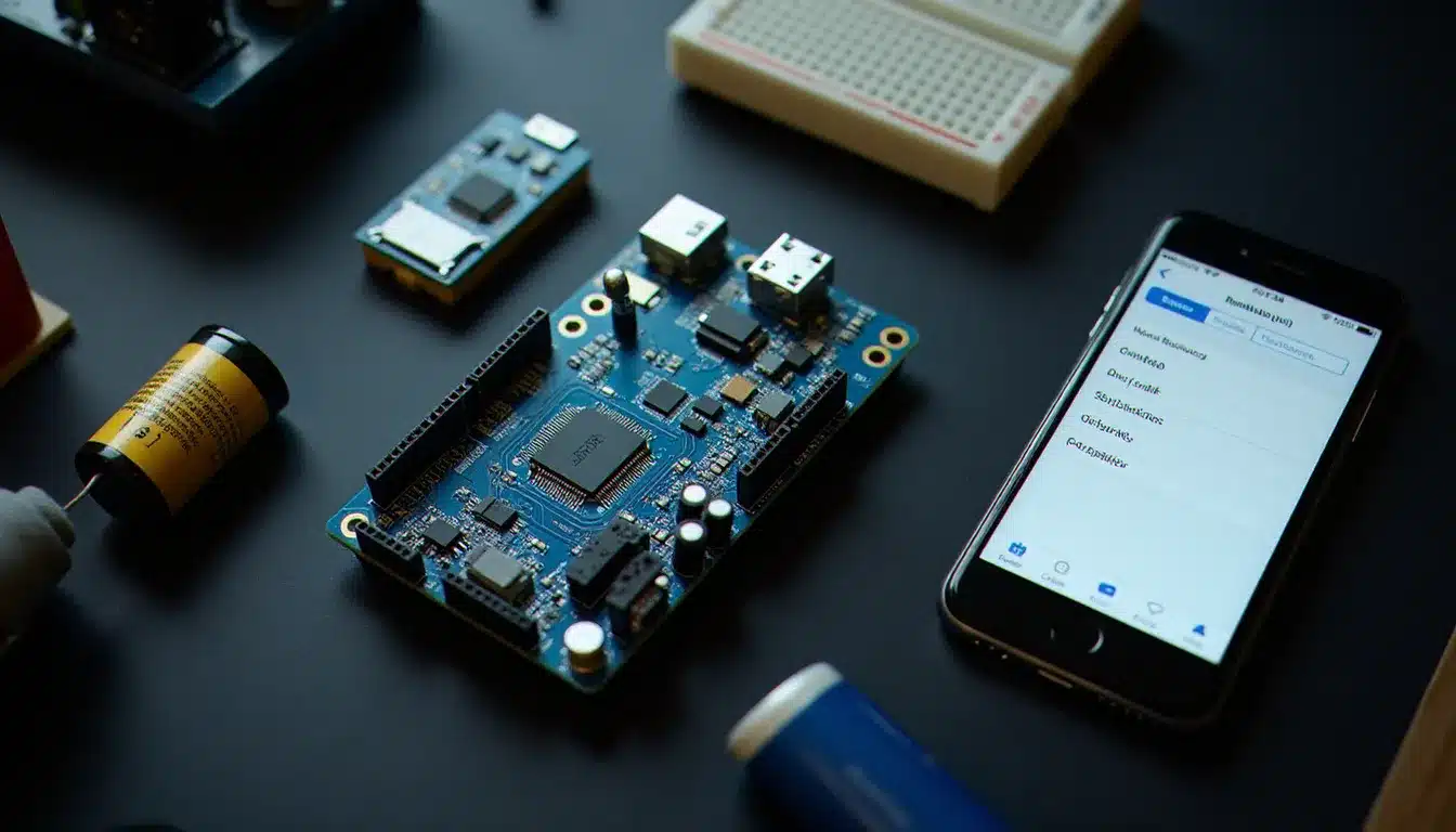 Vue d'ensemble de composants Bluetooth Low Energy incluant un Arduino Nano BLE, des modules nRF52840 et un smartphone affichant des services GATT pour prototyper une technologie sans fil en hackathon