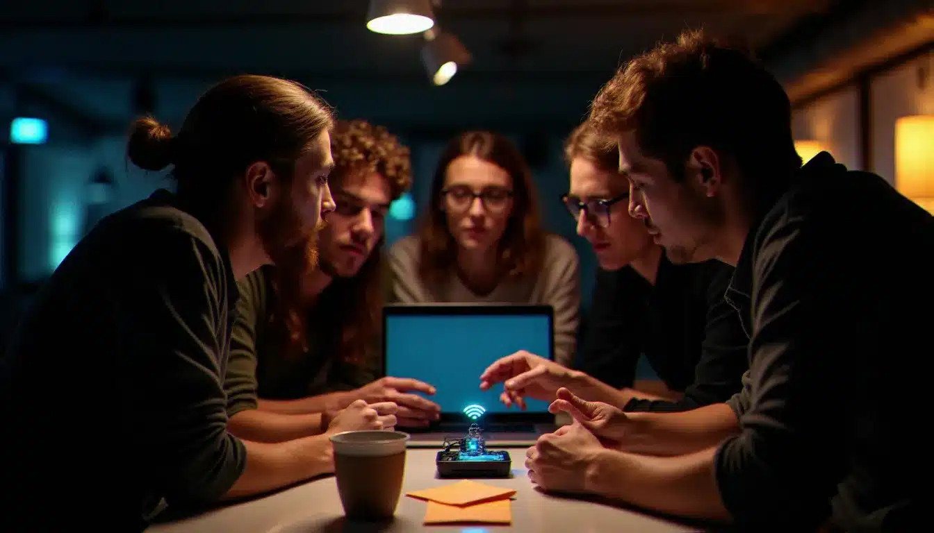 Équipe de développeurs concentrés sur un prototype IoT Bluetooth lors d'un hackathon parisien nocturne, entourés d'ordinateurs portables et de composants électroniques connectés sans fil