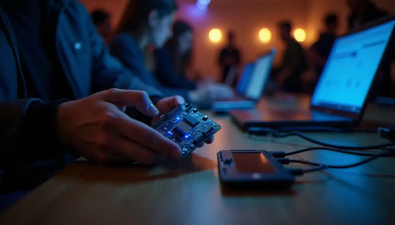 Microcontrôleur ESP32 tenu par un développeur lors d'un hackathon, avec des LED bleues indiquant une connexion Bluetooth active, illustrant la technologie sans fil en 9 lettres