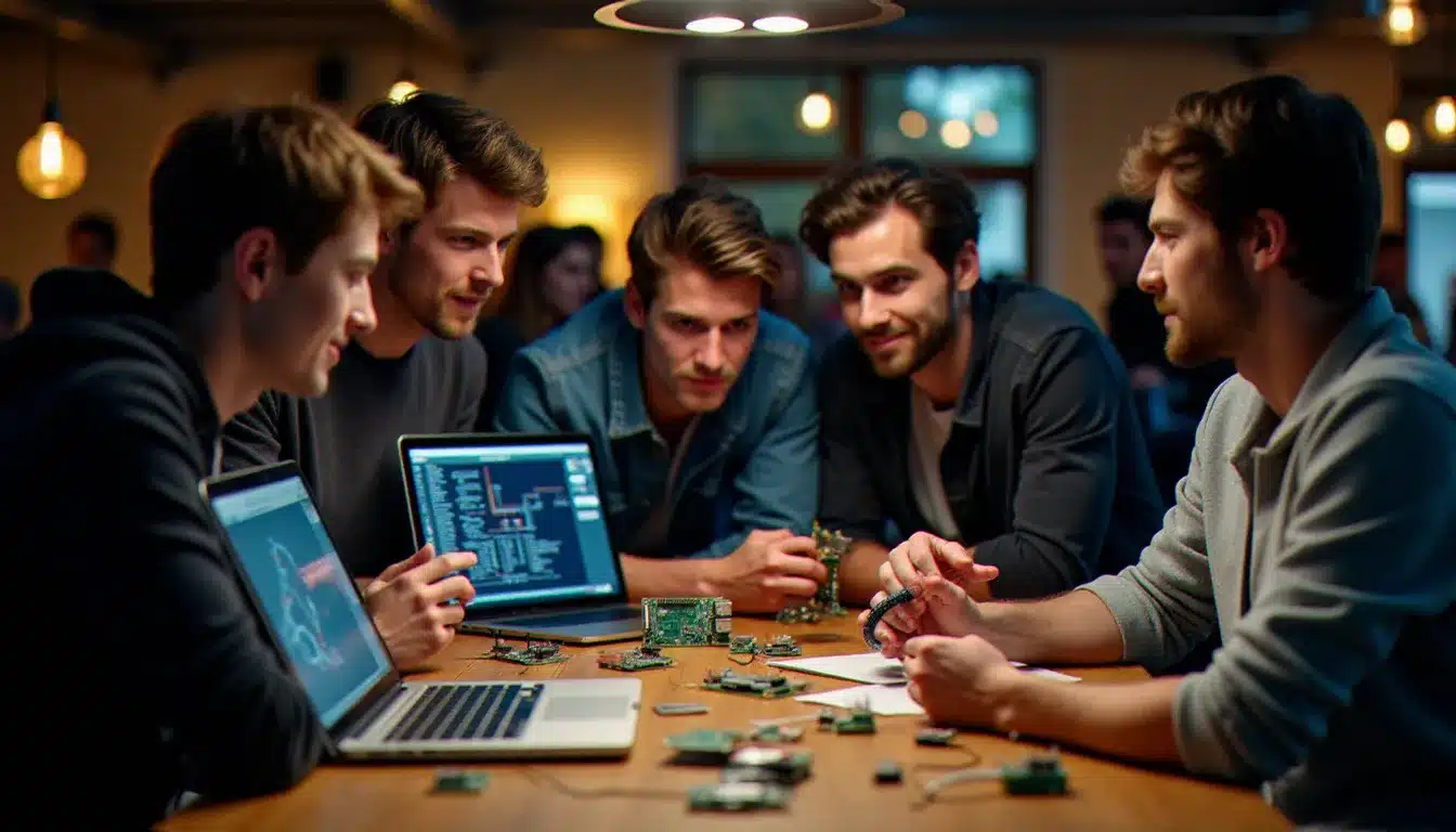 Équipe de développeurs lors d'un hackathon intégrant des capteurs IoT et technologies sans fil dans un prototype wearable