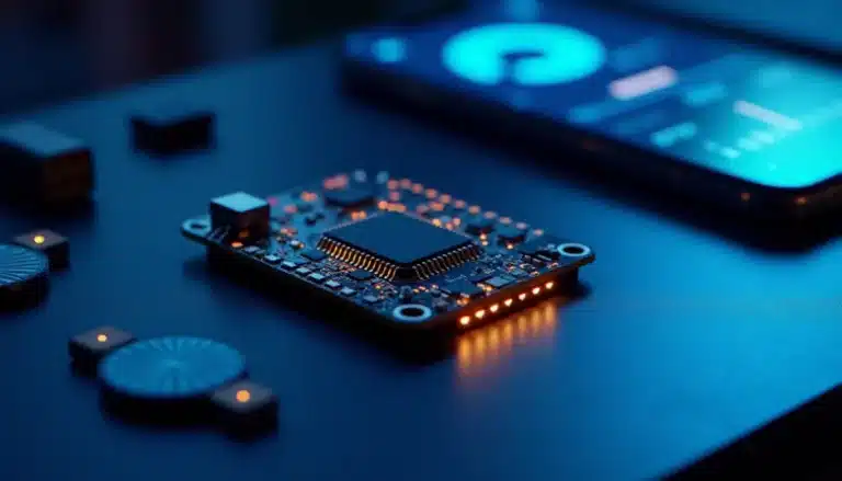 Module ESP32 connecté sans fil à un smartphone affichant des données en temps réel, illustrant la technologie sans fil au cœur des hackathons tech