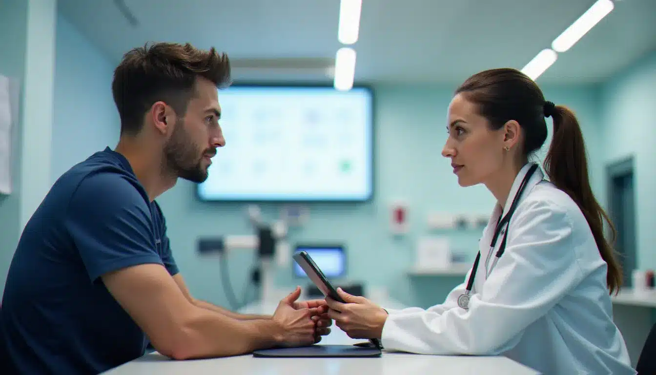 Consultation médicale d'un sportif avec analyse de résultats sanguins, dans le cadre du suivi des effets secondaires des boosters de testostérone