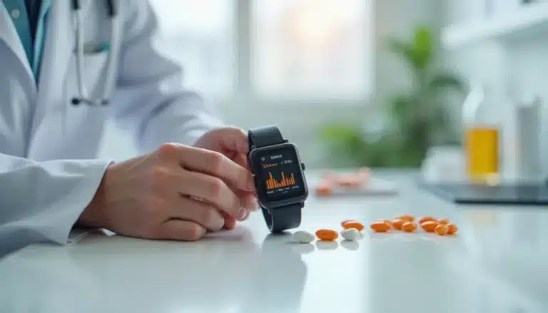 Dispositif wearable de suivi hormonal affichant des données biométriques, illustrant les testo tech effetti collaterali étudiés en laboratoire