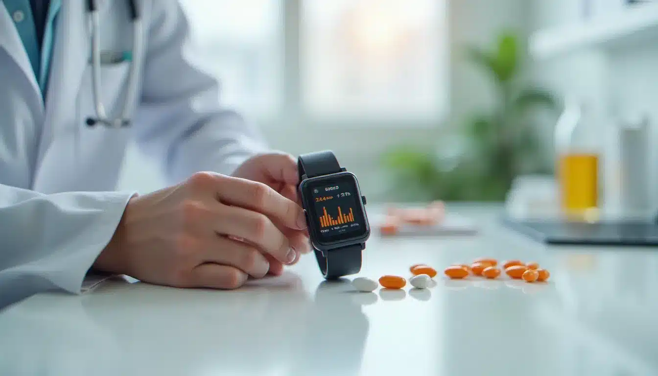 Dispositif wearable de suivi hormonal affichant des données biométriques, illustrant les testo tech effetti collaterali étudiés en laboratoire