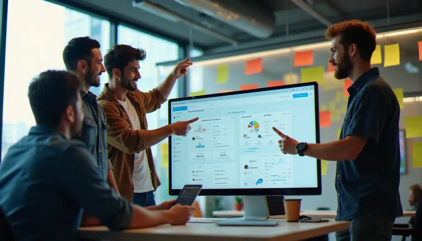 Équipe startup française collaborant sur une plateforme de gestion de projet dans un open space moderne