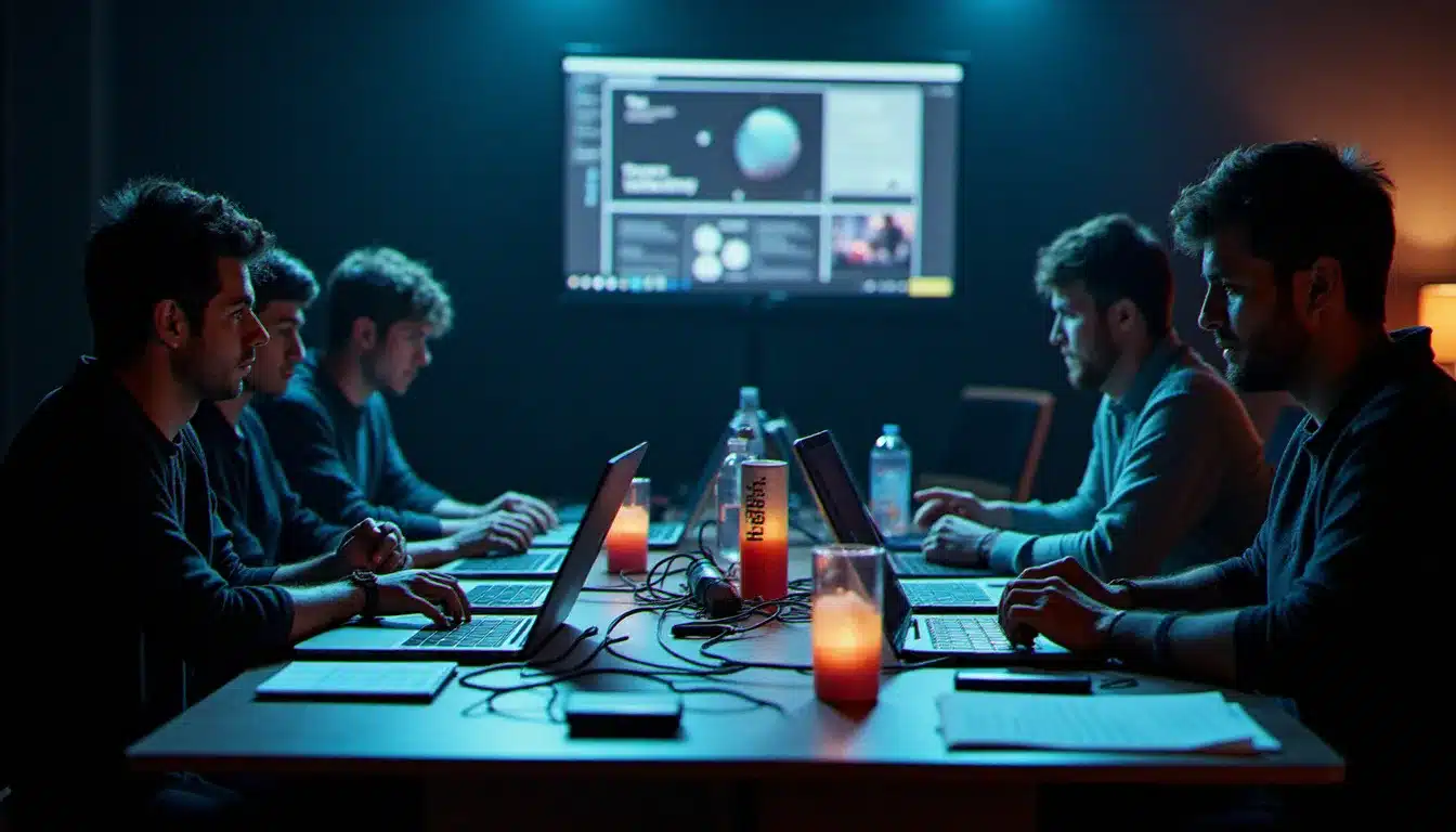 Équipe hackathon travaillant intensément de nuit sur leurs prototypes avec des outils de coordination affichés sur les écrans