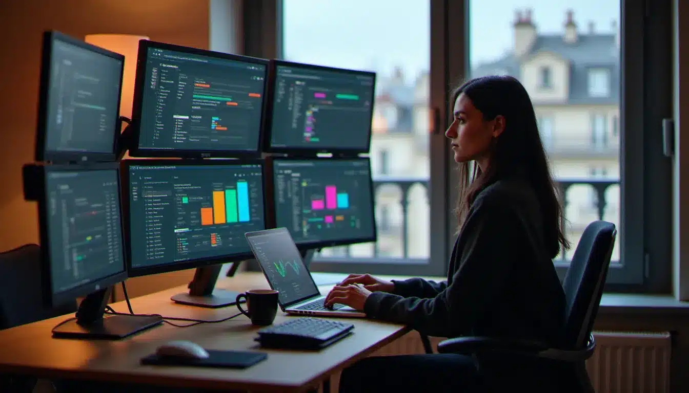 Une product manager analysant un tableau de bord velara tech avis sur ses écrans dans un espace de coworking parisien lumineux
