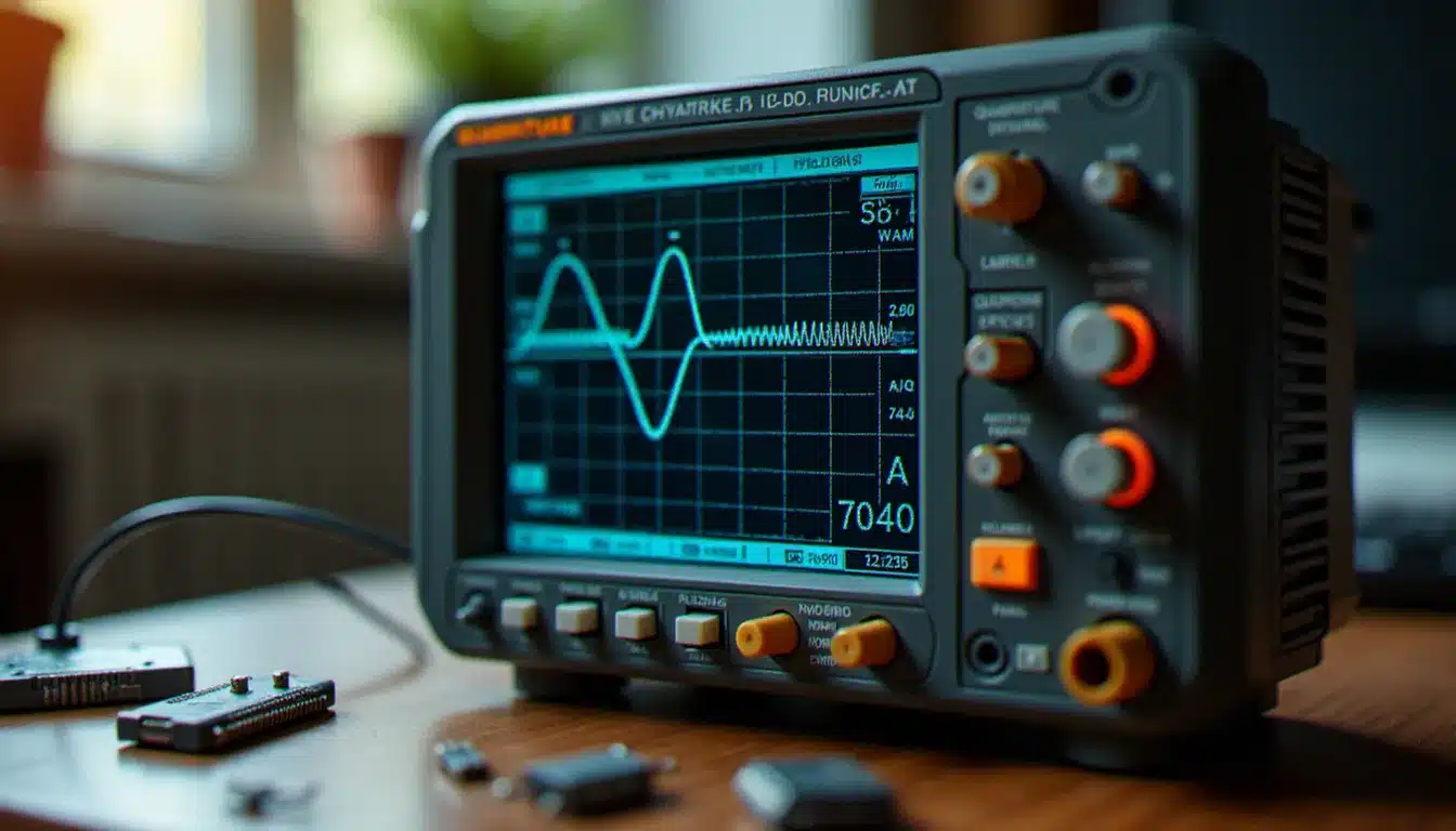 Écran d'oscilloscope affichant les signaux en quadrature A et B d'un encodeur rotatif, démontrant le principe de détection de direction