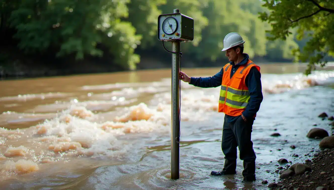 Station hydrométrique de mesure des hauteurs de crue sur un cours d'eau français, avec échelle limnimétrique immergée dans l'eau en crue