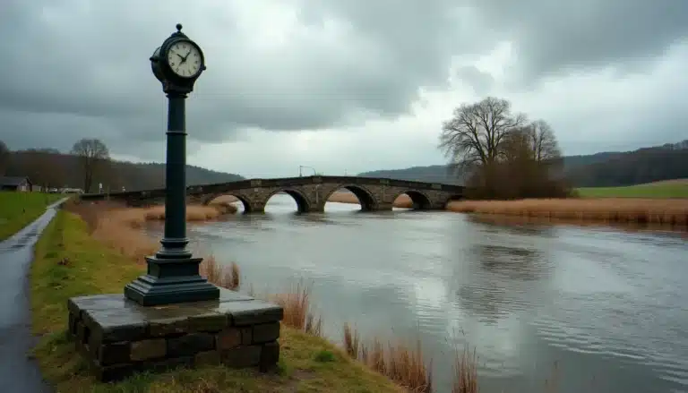 Cours d'eau à crue exceptionnelle enregistrée de plus de trois mètres de hauteur, rivière en crue débordant largement sur ses berges avec un repère de crue visible au premier plan