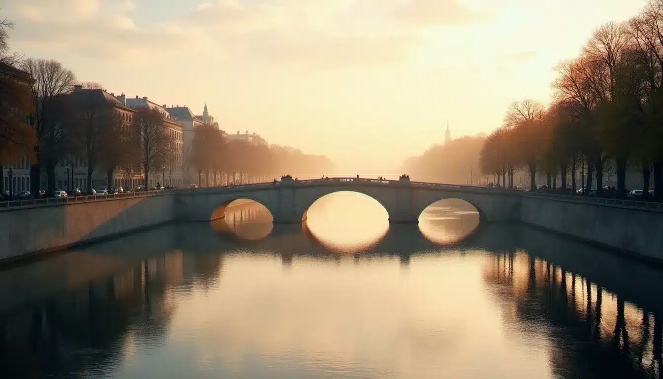 La Seine traversant Paris à l'aube, avec ses ponts en pierre et ses immeubles haussmanniens se reflétant dans l'eau calme du fleuve