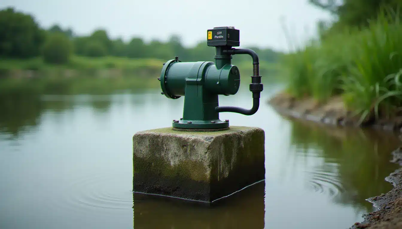 Station hydrométrique de surveillance installée sur la berge d'un fleuve français, capteurs de mesure du niveau d'eau en milieu naturel