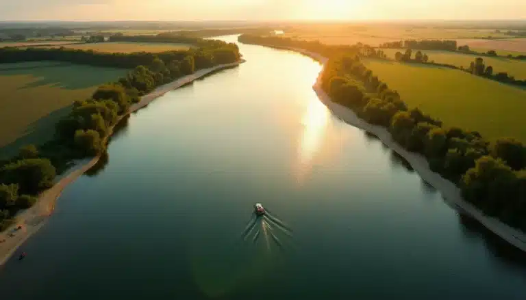 Vue aérienne du fleuve Loire serpentant dans une vallée française avec ses bancs de sable caractéristiques et ses berges verdoyantes
