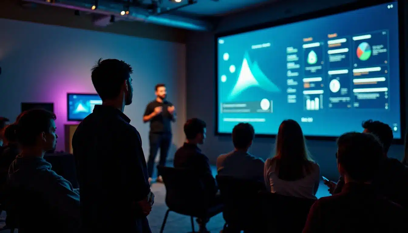 Équipe internationale présentant un projet d'intelligence artificielle lors d'un hackathon en France, illustrant le lien entre compétitions tech et dossier France Tech Visa